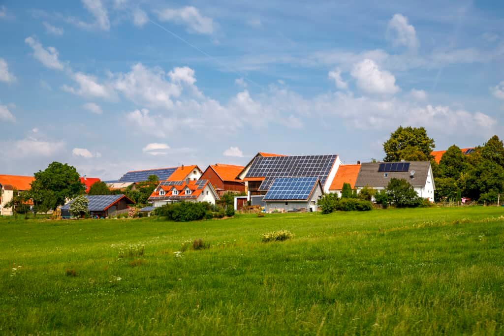 Solar panels on the roof of houses.