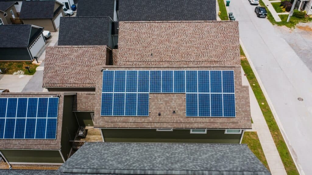 Solar panels on the roof of houses.