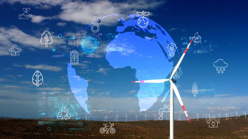 Aerial view over the farm landscape and wind turbines generating clean renewable energy. Renewable energy production for the green ecological world.