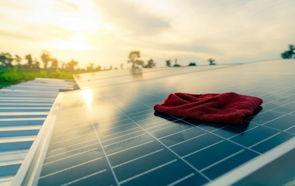 Microfiber towel on top of the solar panels